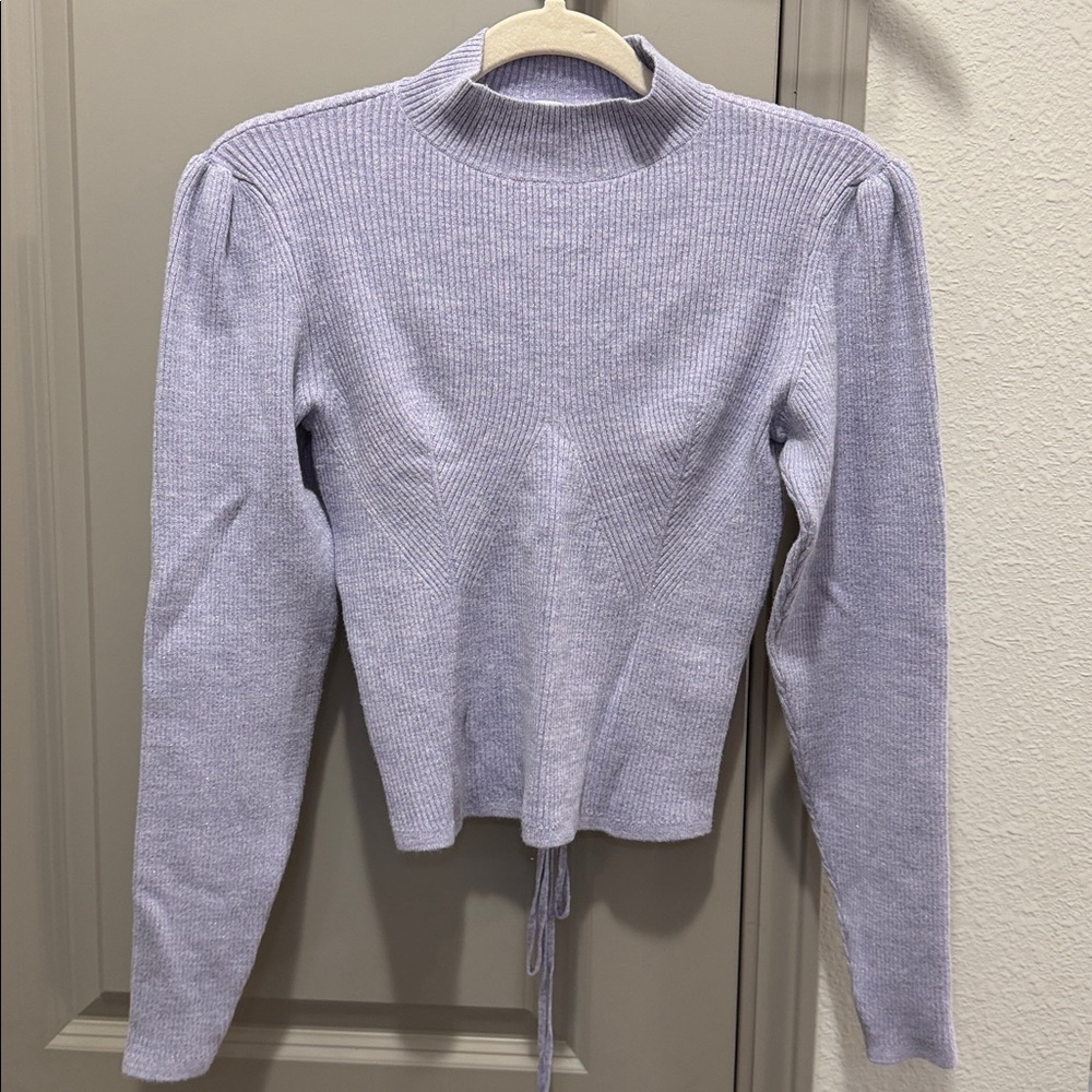 Anthropologie Mock-Neck Lace-Up Open Back lilac purple ribbed Sweater XS S - Picture 2 of 9